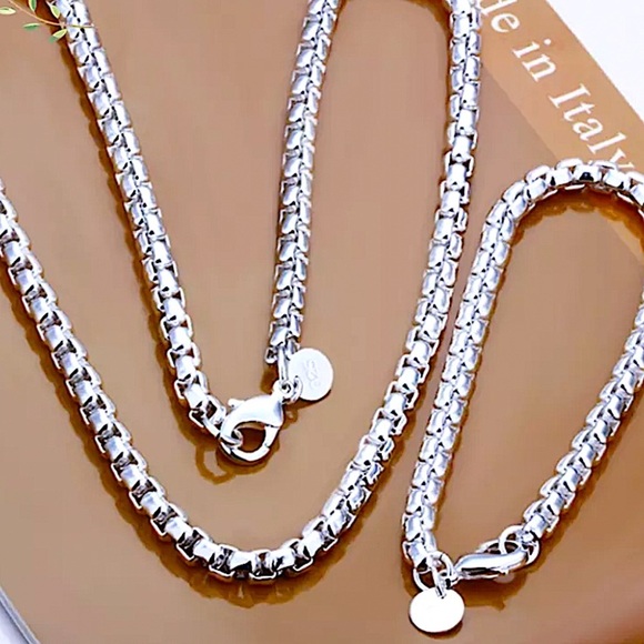 Sterling Silver Box Chain Necklace Bracelet Matching Set - Picture 1 of 6